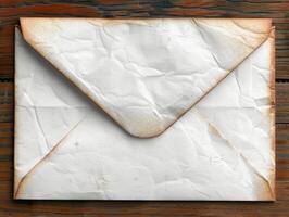 an old, crumbled envelope opened on a wooden background, photo