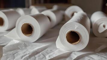several rolls of toilet paper on a surface, photo