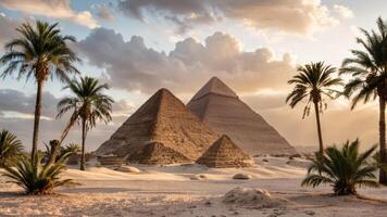 egyptian pyramids in the distance with palm trees below, photo