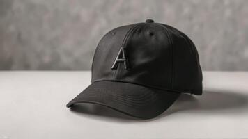 a baseball cap with the letter'a'sitting on a table, photo