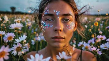 a woman surrounded by flowers and petals in the middle, photo