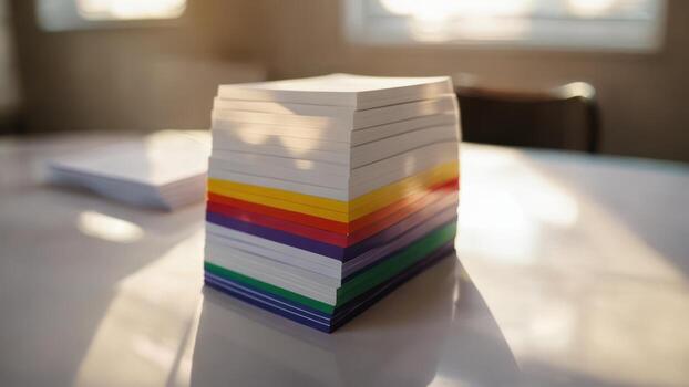 a stack of multicolor blocks sitting on top of a white table, photo