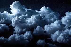 dark blue sky with shining white clouds and stars, photo