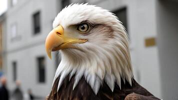 the eagle is standing outside of the large building, photo