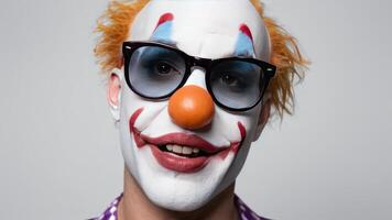 clown wearing glasses and staring at camera, photo