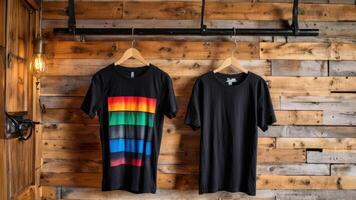 two t - shirts hang from clothes on a wooden wall, photo