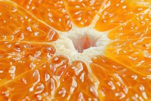 an orange is cut with a knife and some water droplets, photo