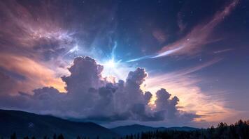 clouds are shining with fireworks over them, photo