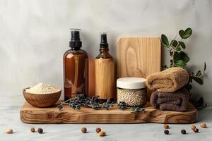 various essential hair care products used on the table, photo