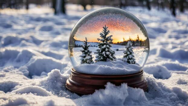 a christmas globe surrounded by snow that has fir trees inside, photo