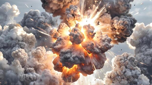 un explosión en el suelo con fumar y rocas detrás, foto