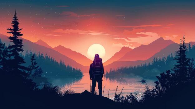 there is a lone person standing on the side looking towards a forest, photo