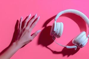 a person wearing headphones laying on top of a pink surface, photo