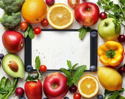 a square frame surrounded by lots of different fruits and veggies, photo