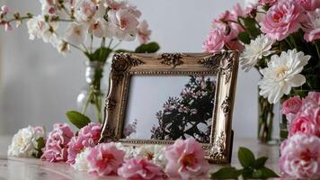 some flowers and a picture frame on the table as well, photo