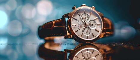an attractive watch on a shiny surface with some reflections, photo