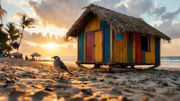 there is a bird in front of a hut on the beach, photo