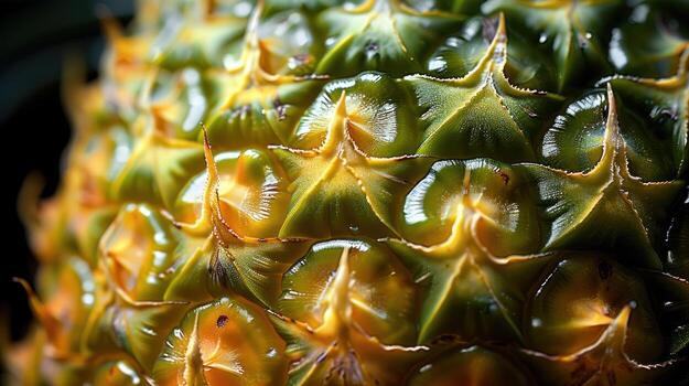 a close shot picture of the end part of an pineapple, photo