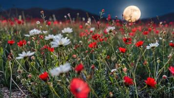 wild flowers and the moon shine brightly in the sky, photo