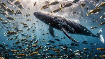 the large whale is swimming among small fishes, photo