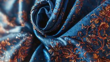 a close up view of blue with gold paisley print on it, photo