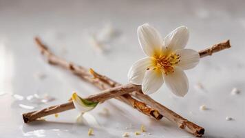 two twigs and a lone white flower on a piece of paper, photo