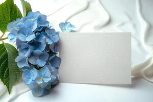 flower with white card set off on white cloth, photo