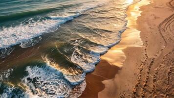 the ocean shore in front of an empty brown sandy beach, photo