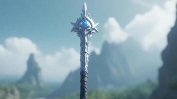 a very long dagger surrounded by mountains and trees, photo