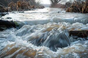 some water rushing through the middle of some grass covered shore, photo