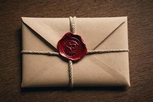 parchment paper with hand tied envelope and red wax seal stamp, photo