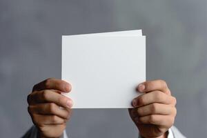 hands holding up white paper with both other papers in the background, photo