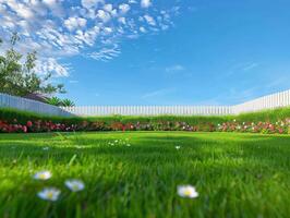 grass has been cut as lawn has flowers in front, photo
