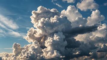 an airplane flying under puffy clouds in the blue sky, photo