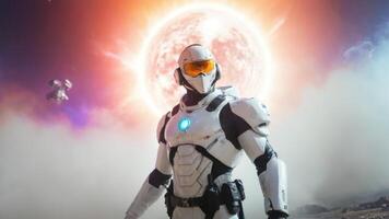 the humanoid person is on a hilltop with two spaceships, photo