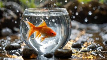 there is a gold fish inside of the bowl, photo