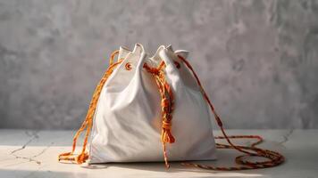 white bag with red string tote sitting on table near wall, photo