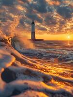 sunset over a lake as an abandoned lighthouse is caught by waves, photo