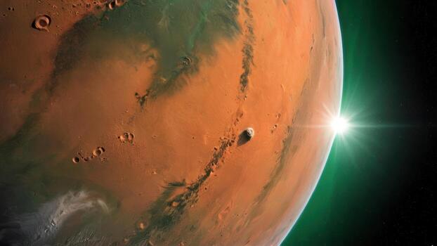 mars, with a large red object on top, in front of the sun, photo