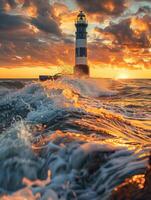 a lighthouse surrounded by waves with the sun in the background, photo