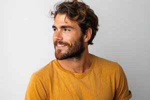 a young man with curly hair smiling back while wearing an aged yellow button up shirt, photo
