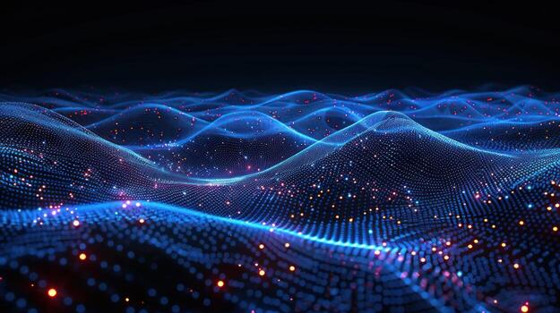 blue lines and glowing dots in motion in an open field, photo