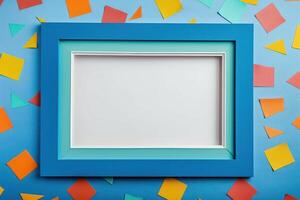 empty frames surrounded by construction papers on abstract background, photo