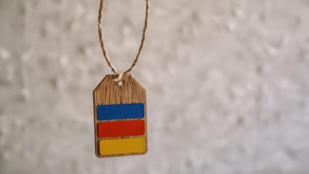 a piece of luggage hanging on string with an interesting pattern, photo