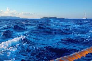 a sailboat on the ocean with mountains in the distance, photo