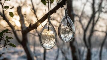 clear glass droplet hanging in front of trees, photo
