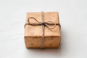 a brown paper parcel tied with jute string sitting on top of a grey surface, photo