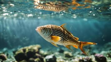 this fish is swimming with sun shining down on the water, photo
