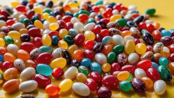 assorted jelly and skim beans on yellow background, photo