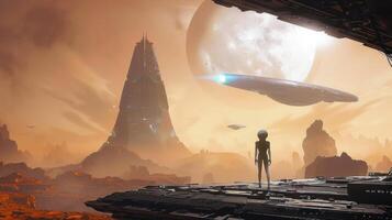 a person stands looking at two spacecrafts that are flying over space, photo